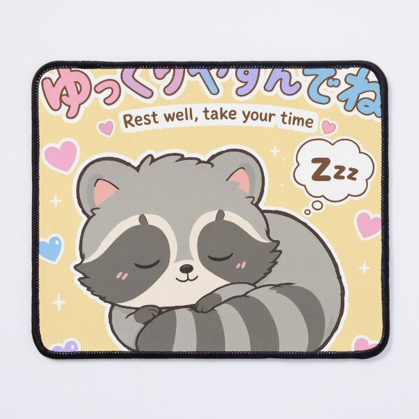 Item preview, Chibi Raccoon Japanese 'Rest well, take your time' design cute kawaii designed and sold by Vintage Designs +.
