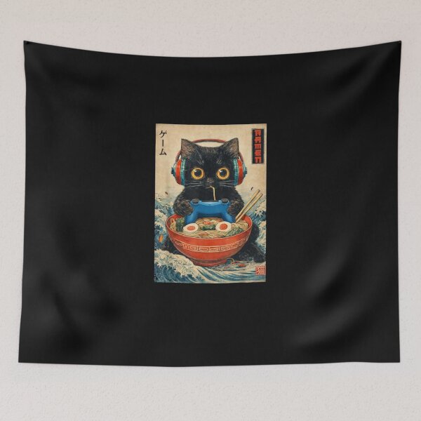 Item preview, Gamer Cat Eating Ramen Japanese Wave Retro Gaming Art designed and sold by roartusa.