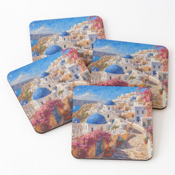 Item preview, Santorini Coastal Village Mediterranean Painting designed and sold by ArtAmbience.