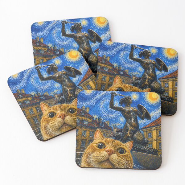 Item preview, A ginger cat in front of the Warsaw Mermaid statue designed and sold by YanaZayikinaArt.