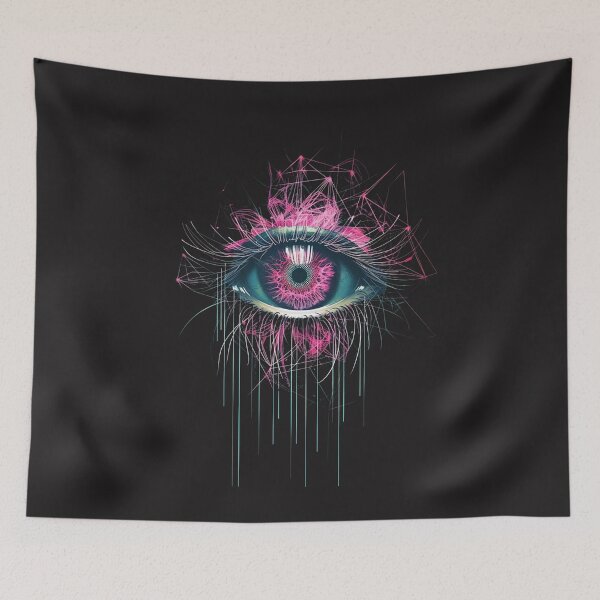 Item preview, It's a human eye, but the iris is a blooming, geometric flower in Hot Pink, and the eyelashes are thin optical fibers. designed and sold by STATIC SOUL.