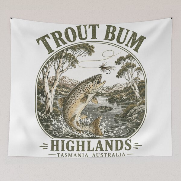 Item preview, Trout Bum Highlands Tasmania Brown Trout Fly Fishing Tasmania Vintage Badge designed and sold by Yellowriversss.