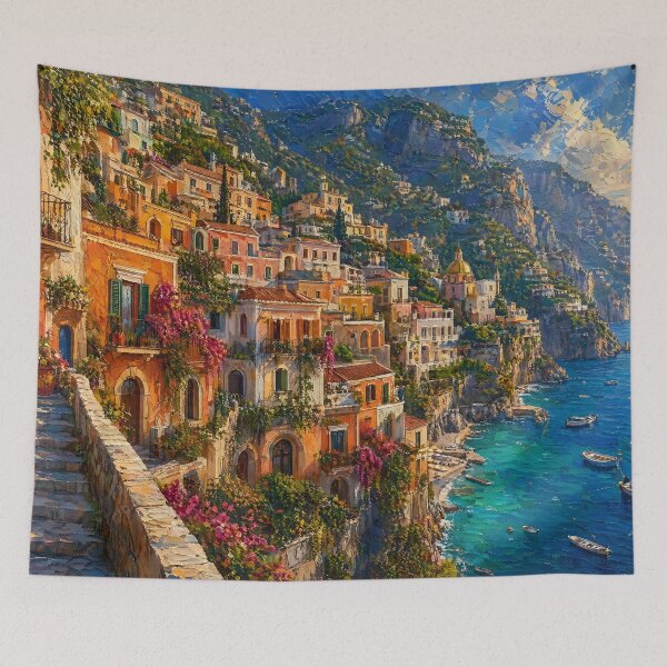 Item preview, Amalfi Coast Cliffside Village Oil Painting designed and sold by ArtAmbience.
