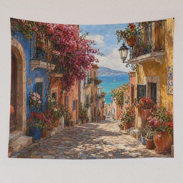 Item preview, Mediterranean Coastal Street Sea View Painting designed and sold by ArtAmbience.