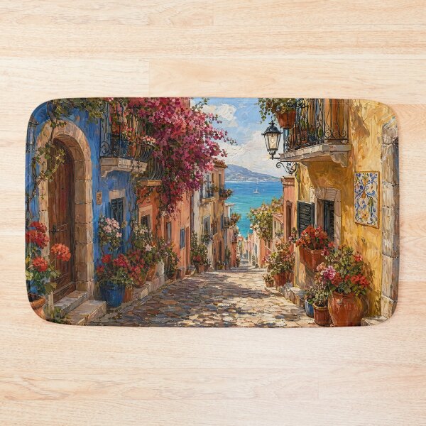Item preview, Mediterranean Coastal Street Sea View Painting designed and sold by ArtAmbience.