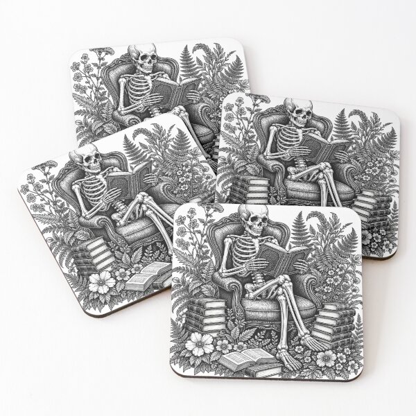 Item preview, Vintage Linocut Skeleton Reading Book - Dark Academia Botanical designed and sold by LUX2Boutique ★★★★★.