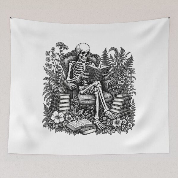 Item preview, Vintage Linocut Skeleton Reading Book - Dark Academia Botanical designed and sold by LUX2Boutique ★★★★★.
