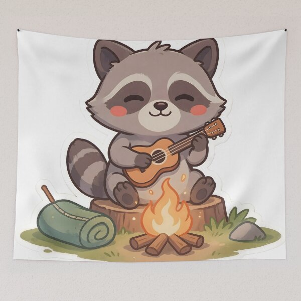 Item preview, Cute Kawaii Raccoon Playing Guitar Campfire Sticker designed and sold by ChibiPCStudio.