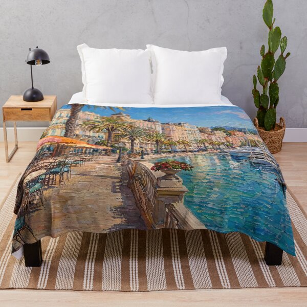 Item preview, French Riviera Harbor Promenade Oil Painting designed and sold by ArtAmbience.