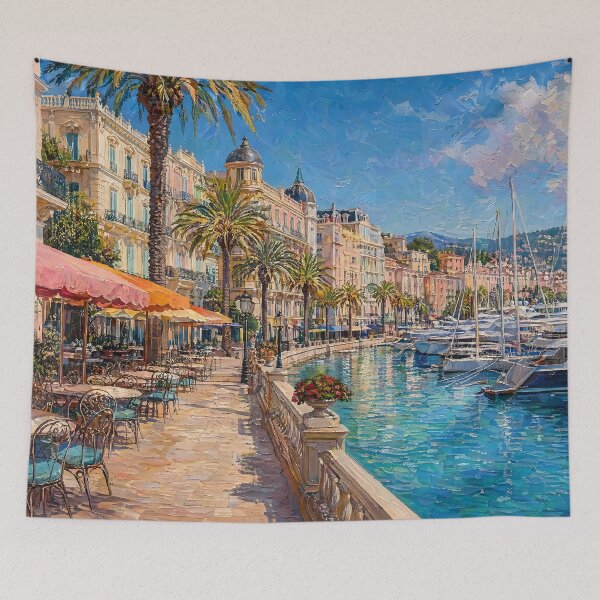 Item preview, French Riviera Harbor Promenade Oil Painting designed and sold by ArtAmbience.