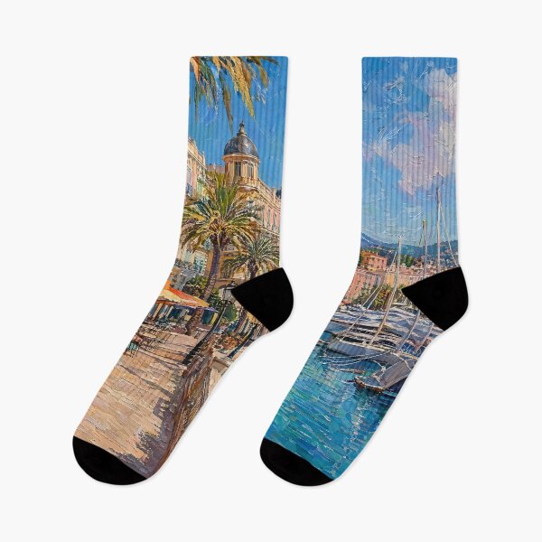 Item preview, French Riviera Harbor Promenade Oil Painting designed and sold by ArtAmbience.