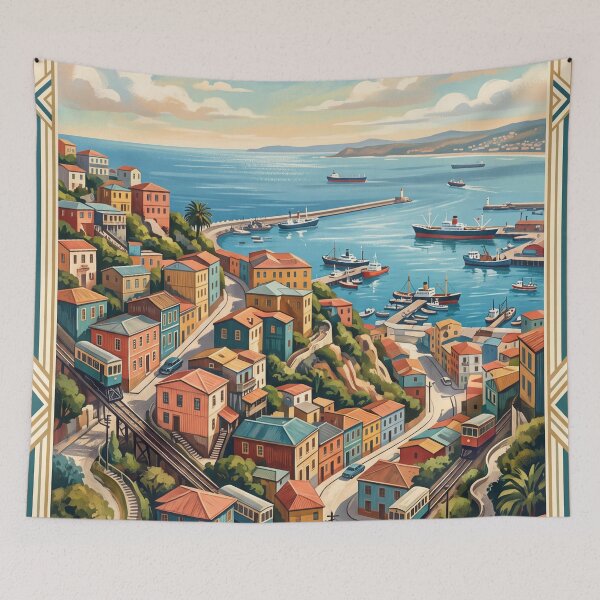 Item preview, Valparaíso, Chile: Arte de viajes vintage – Colinas costeras coloridas designed and sold by Bomax121.