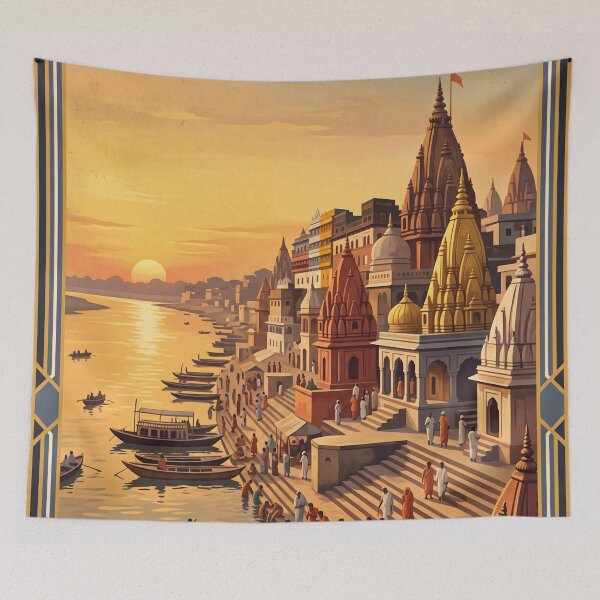 Item preview, Varanasi India Vintage Ganges Travel Illustration designed and sold by Bomax121.