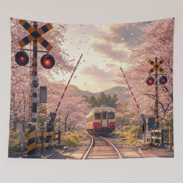 Item preview, Sakura Railroad Crossing Japanese Train Spring Blossom Aesthetic designed and sold by vekotpu.