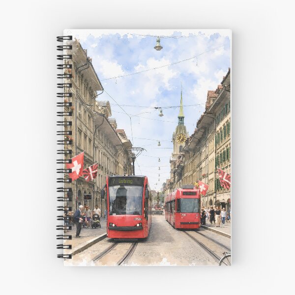 Item preview, Bern Switzerland Digital Watercolor Red Tram Street Art designed and sold by SlavaArt.