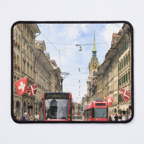 Item preview, Bern Switzerland Digital Watercolor Red Tram Street Art designed and sold by SlavaArt.