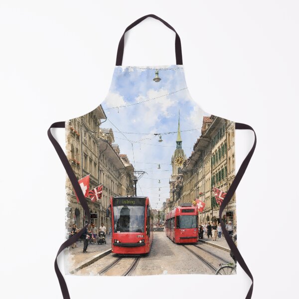 Item preview, Bern Switzerland Digital Watercolor Red Tram Street Art designed and sold by SlavaArt.