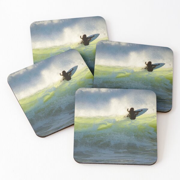 Item preview, A-frame barrel wave female surfer in golden sunset and emerald waves color photograph designed and sold by Jéanpaul  Ferro.