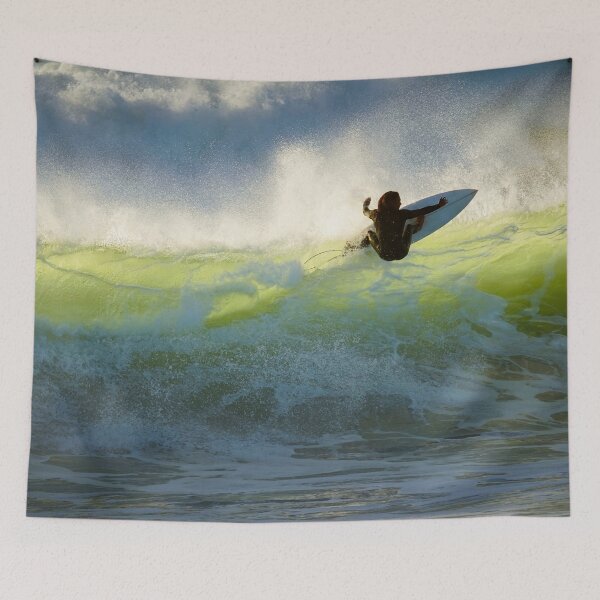 Item preview, A-frame barrel wave female surfer in golden sunset and emerald waves color photograph designed and sold by Jéanpaul  Ferro.