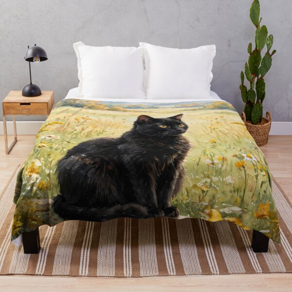 Item preview, Black Cat In Golden Meadow - Yellow Wildflower Watercolor Painting designed and sold by Jozefin's Studio.