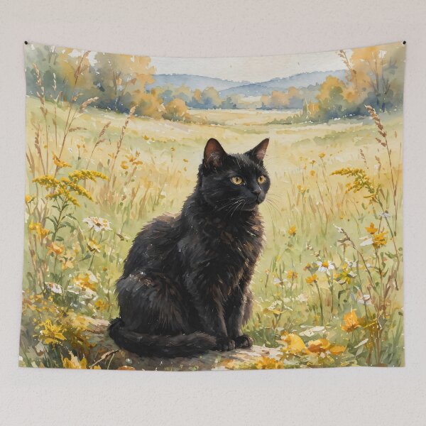 Item preview, Black Cat In Golden Meadow - Yellow Wildflower Watercolor Painting designed and sold by Jozefin's Studio.