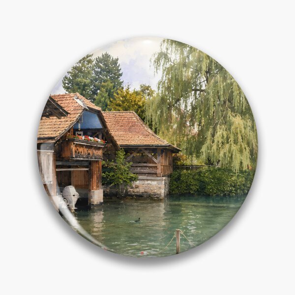 Item preview, Lake Thun Switzerland Boathouses Digital Watercolor Art designed and sold by SlavaArt.