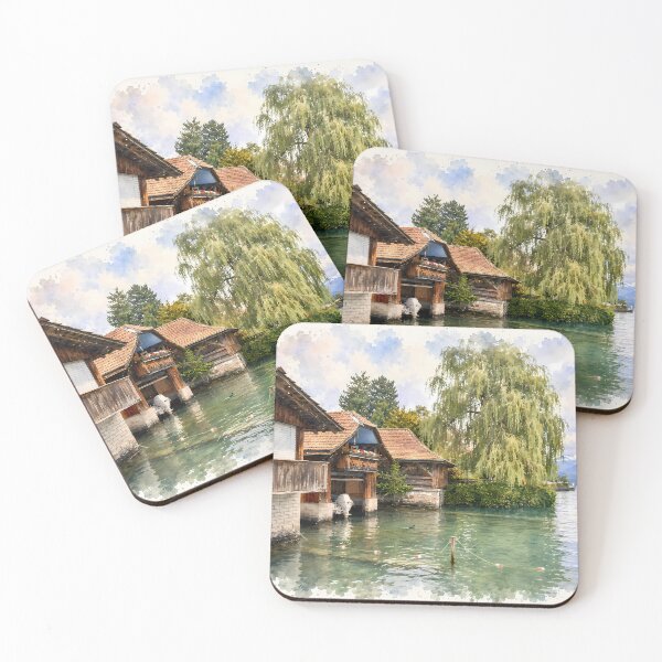 Item preview, Lake Thun Switzerland Boathouses Digital Watercolor Art designed and sold by SlavaArt.