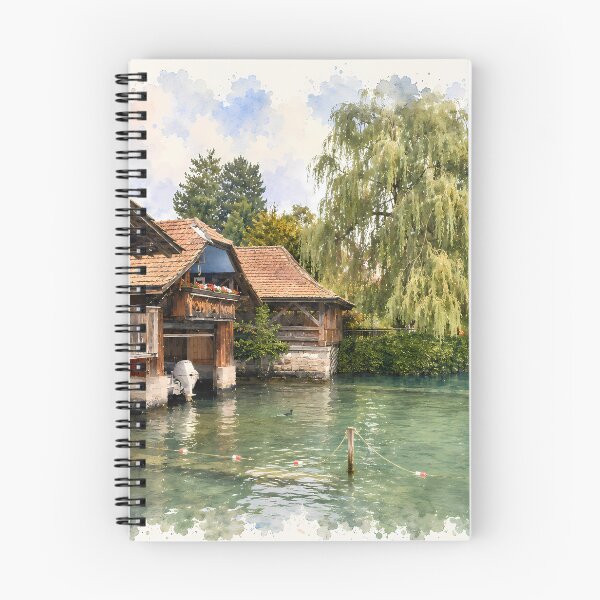Item preview, Lake Thun Switzerland Boathouses Digital Watercolor Art designed and sold by SlavaArt.