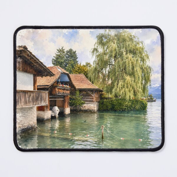 Item preview, Lake Thun Switzerland Boathouses Digital Watercolor Art designed and sold by SlavaArt.