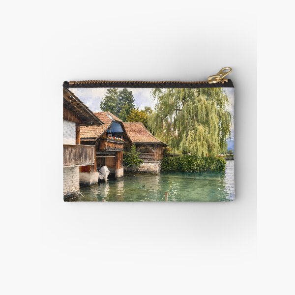 Item preview, Lake Thun Switzerland Boathouses Digital Watercolor Art designed and sold by SlavaArt.