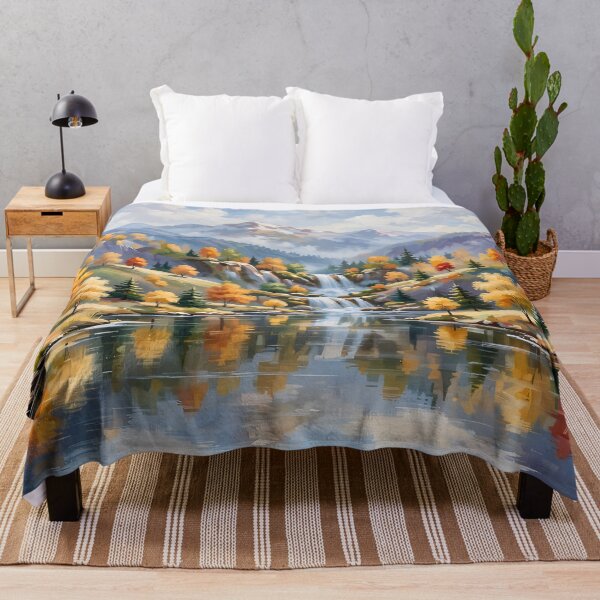 Item preview, Autumn Mountain Lake And Waterfall - Golden Trees Reflection Painting designed and sold by Jozefin's Studio.