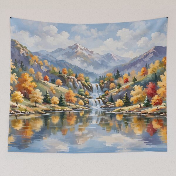 Item preview, Autumn Mountain Lake And Waterfall - Golden Trees Reflection Painting designed and sold by Jozefin's Studio.