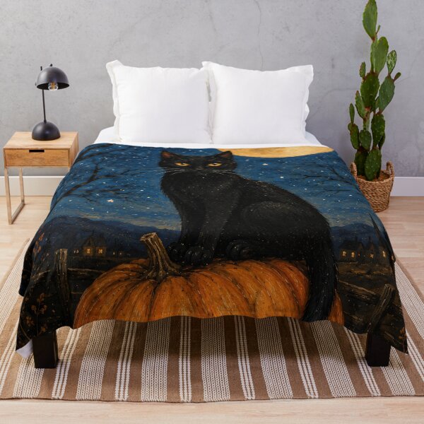 Item preview, Black Cat On Pumpkin Under Harvest Moon - Folk Art Halloween Painting designed and sold by Jozefin's Studio.