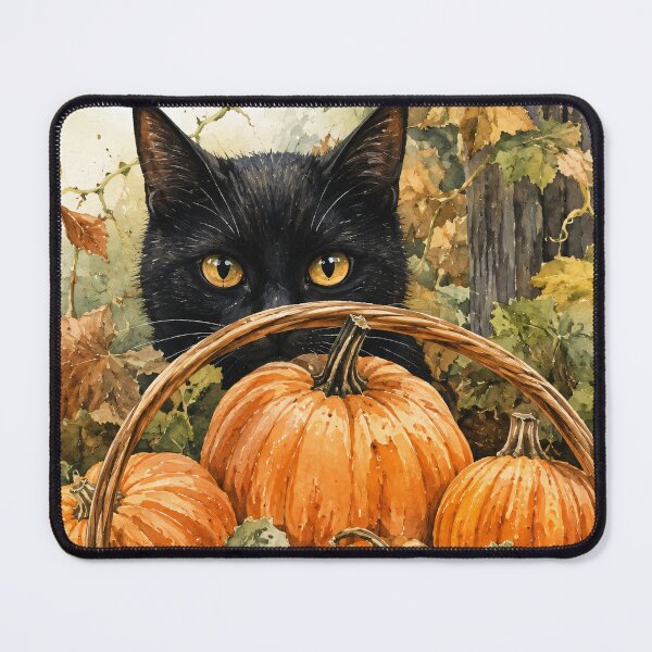 Item preview, Black Cat Peeking Over Pumpkin Basket - Autumn Vines Watercolor Painting designed and sold by Jozefin's Studio.