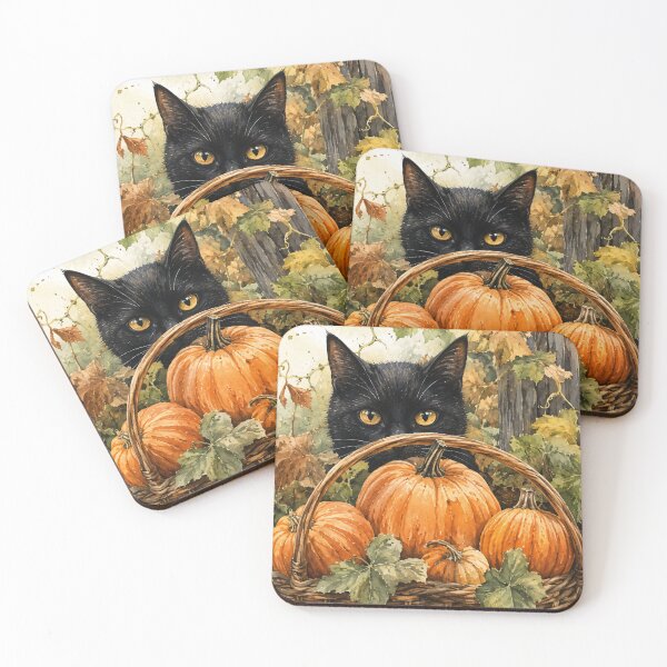 Item preview, Black Cat Peeking Over Pumpkin Basket - Autumn Vines Watercolor Painting designed and sold by Jozefin's Studio.