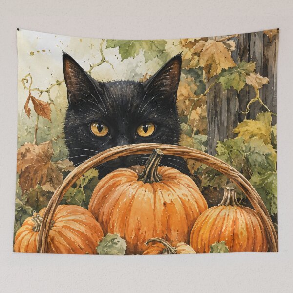 Item preview, Black Cat Peeking Over Pumpkin Basket - Autumn Vines Watercolor Painting designed and sold by Jozefin's Studio.