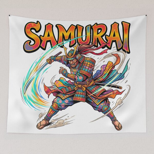Item preview, A vivid, colorful samurai is swinging his sword. designed and sold by whiteblackcat.