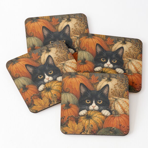 Item preview, Tuxedo Black Cat In Pumpkin Pile - Colorful Autumn Harvest Painting designed and sold by Jozefin's Studio.