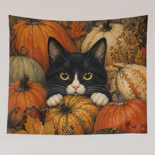 Item preview, Tuxedo Black Cat In Pumpkin Pile - Colorful Autumn Harvest Painting designed and sold by Jozefin's Studio.