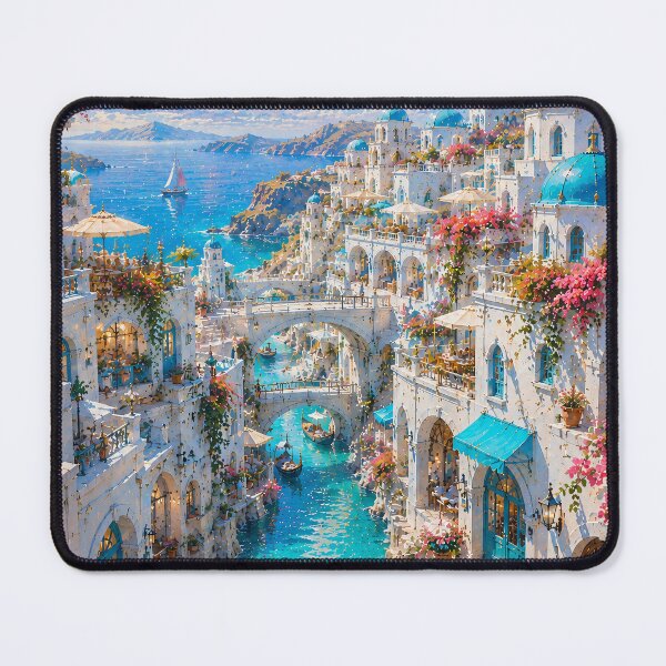 Item preview, Mediterranean Fantasy Coastal Village - Blue Domes And Turquoise Canal Painting designed and sold by Jozefin's Studio.