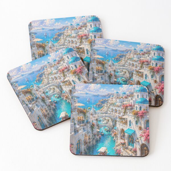 Item preview, Mediterranean Fantasy Coastal Village - Blue Domes And Turquoise Canal Painting designed and sold by Jozefin's Studio.