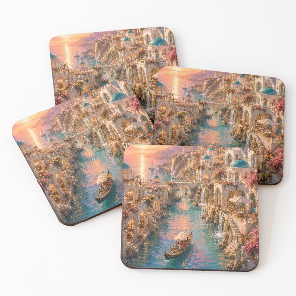 Item preview, Mediterranean Fantasy Sunset Village - Blue Domes And Golden Canal Painting designed and sold by Jozefin's Studio.