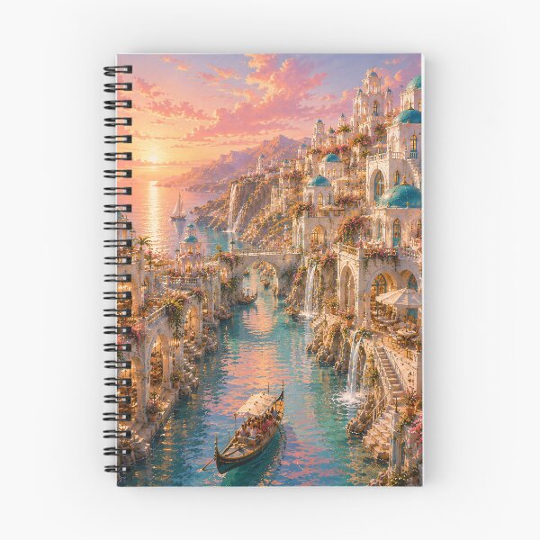 Item preview, Mediterranean Fantasy Sunset Village - Blue Domes And Golden Canal Painting designed and sold by Jozefin's Studio.