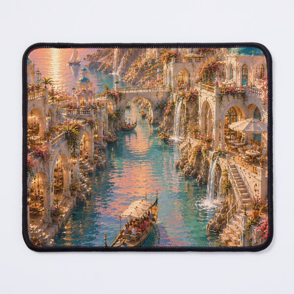 Item preview, Mediterranean Fantasy Sunset Village - Blue Domes And Golden Canal Painting designed and sold by Jozefin's Studio.