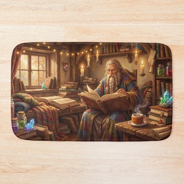 Item preview, Wizard Reading Ancient Tomes | Magical Fantasy Library Art designed and sold by SebastianSpace.