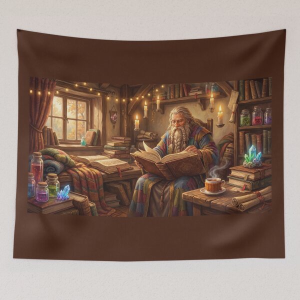 Item preview, Wizard Reading Ancient Tomes | Magical Fantasy Library Art designed and sold by SebastianSpace.