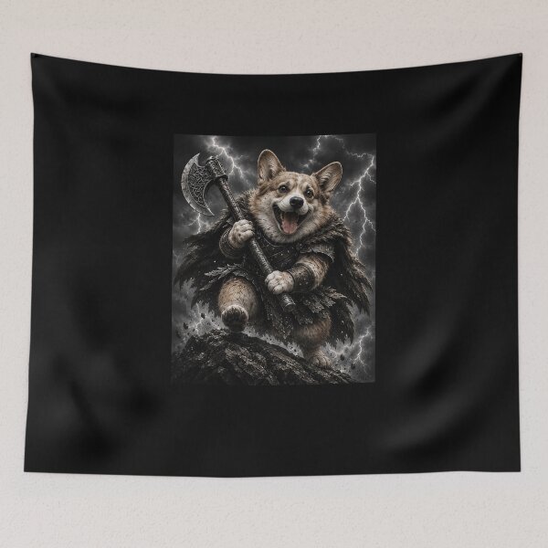 Item preview, Funny Corgi Warrior With Axe Stormy Battlefield Art designed and sold by elderberry.