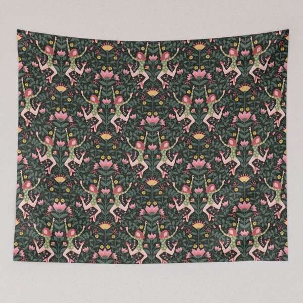 Item preview, Modern folk dancer, symmetrical pattern, dark green background designed and sold by WONDERPRINTVALLEY.