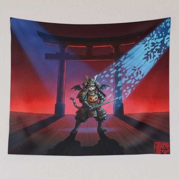 Item preview, Halloween Pumpkin Samurai Cat Art Print designed and sold by Komatoya.