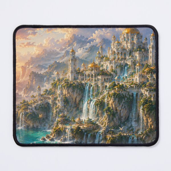 Item preview, Fantasy Golden Castle On Cliff - Waterfalls And Sunset Ocean Painting designed and sold by Jozefin's Studio.